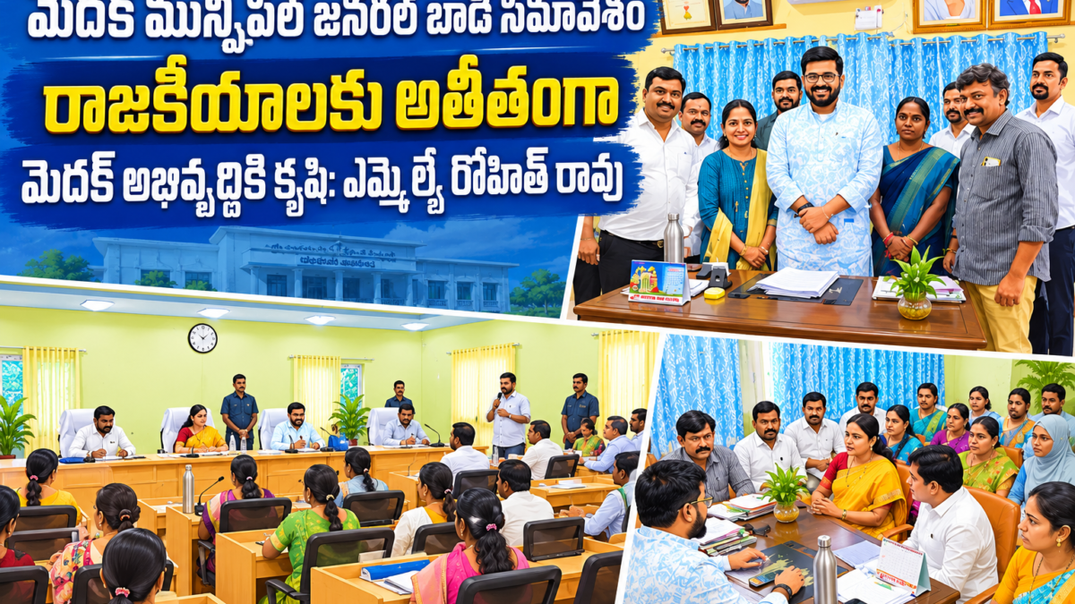 మెదక్ మున్సిపల్ జనరల్ బాడీ సమావేశం, మున్సిపల్ అధికారులతో సమీక్ష నిర్వహిస్తున్న ఎమ్మెల్యే రోహిత్ రావు, ప్రజాప్రతినిధుల సమావేశ దృశ్యాలు.