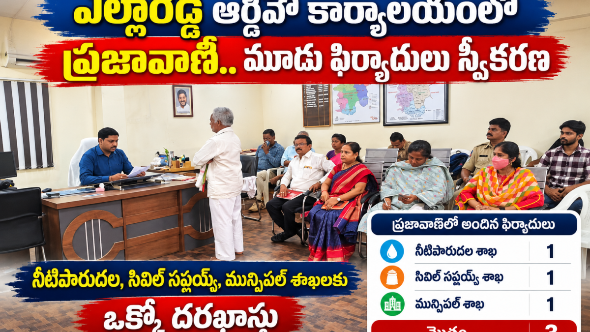 ఎల్లారెడ్డి ఆర్డీవో కార్యాలయంలో ప్రజావాణి కార్యక్రమంలో ప్రజల నుంచి ఫిర్యాదులు స్వీకరిస్తున్న అధికారి, హాజరైన వివిధ శాఖల సిబ్బంది.