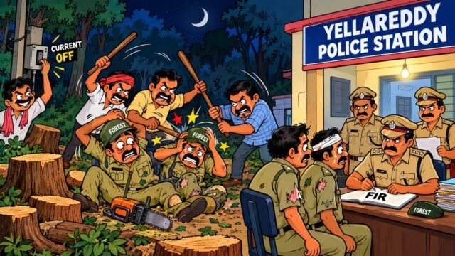 ఎల్లారెడ్డి అటవీ ప్రాంతంలో ఫారెస్ట్ సిబ్బందిపై దాడి ఘటనకు సంబంధించిన కార్టూన్ చిత్రం