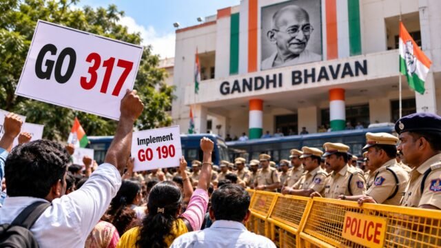 గాంధీ భవన్ వద్ద GO 317 బాధిత ఉద్యోగులు, ఉపాధ్యాయుల నిరసనకు సంబంధించిన దృశ్యం