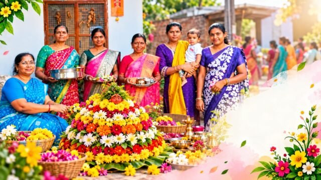 బతుకమ్మ వేడుకల్లో పూలతో బతుకమ్మను సిద్ధం చేస్తున్న మహిళలు