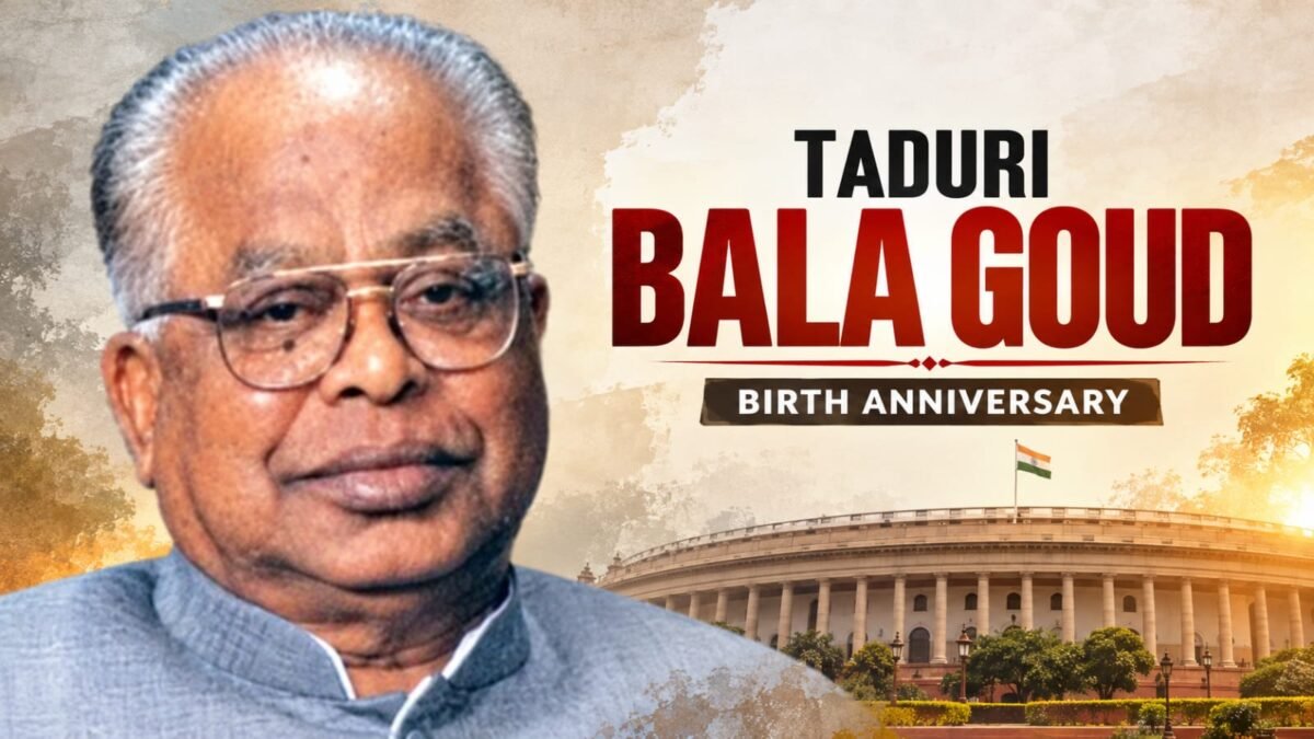 Taduri Bala Goud birth anniversary tribute with his portrait and Parliament building