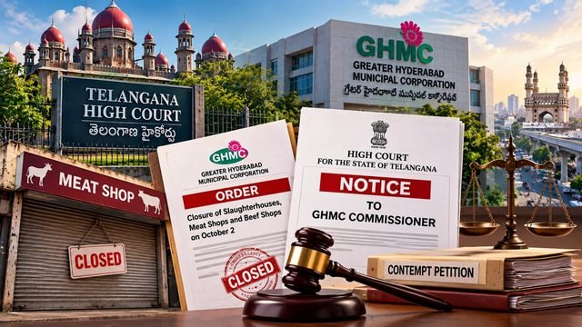 హైదరాబాద్‌లో మాంసం దుకాణాల మూసివేతపై GHMC కమిషనర్‌కు హైకోర్టు నోటీసులపై ప్రతీకాత్మక న్యాయ చిత్రణ