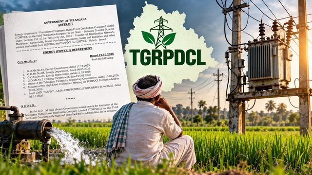 తెలంగాణ రైతు డిస్కం TGRPDCL ఏర్పాటుకు సంబంధించిన ప్రభుత్వ బదిలీ పథకాన్ని సూచించే ఇలస్ట్రేషన్.