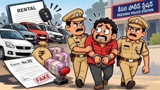కీసరలో అద్దె కార్ల మోసం కేసులో నిందితుడి అరెస్ట్ – పోలీసుల కార్టూన్ చిత్రం