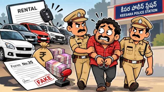 కీసరలో అద్దె కార్ల మోసం కేసులో నిందితుడి అరెస్ట్ – పోలీసుల కార్టూన్ చిత్రం